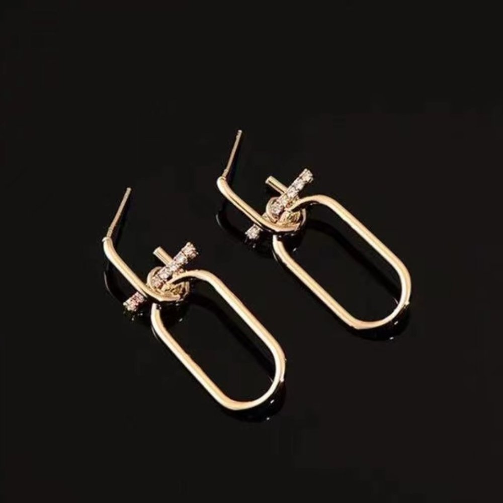 🌷New🌷Fashionable Double Oval Shape with Rhinestone Detail Drop Earrings